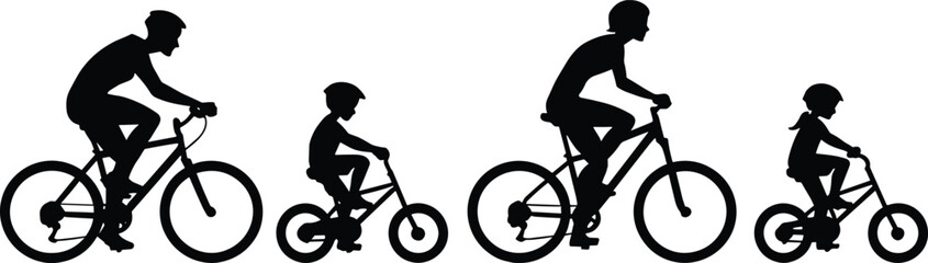 Fototapeta premium Silhouette Family Riding Bicycles Together on White Background Keywords: family, cycling, bicycles, silhouettes, people, children