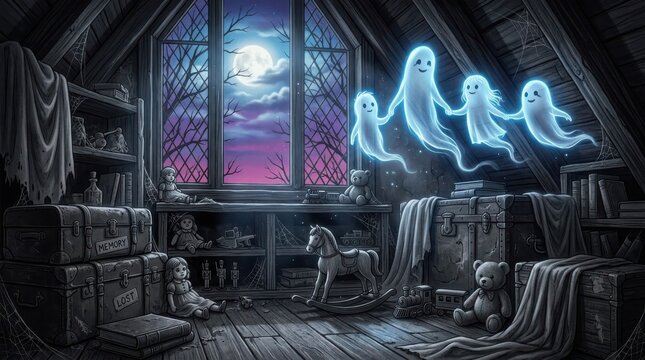 Playful ghostly figures floating in dark attic filled with antique toys and dusty wooden chests by moonlight window view.