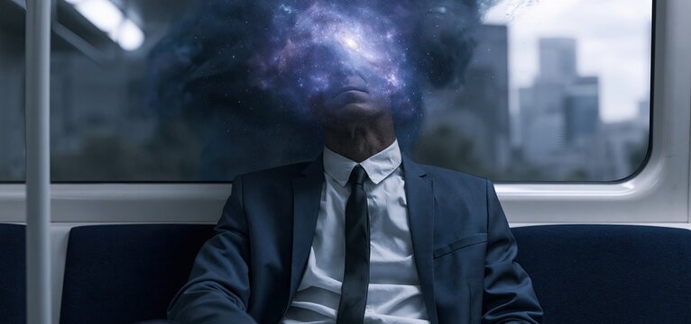 A glowing galaxy replaces the businessman&rsquo;s head amid an abstract cityscape, symbolizing creativity during a modern commute.