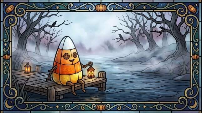 Stained glass style image of cute candy corn character holding lantern while sitting on wooden dock near misty lake shore.