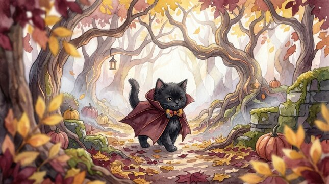 Little black cat wearing dracula cape and bow tie walking on path in enchanted misty autumn forest with pumpkins and trees.