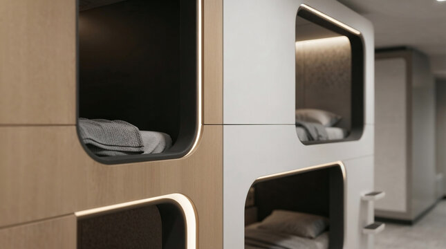 Detail of modern capsule hotel sleeping pods.