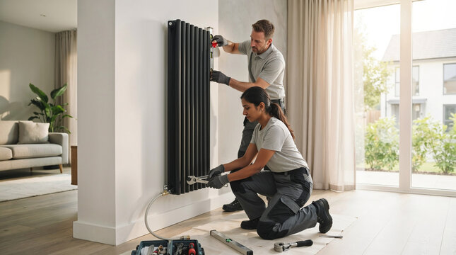 Workers installing modern black radiator in living room.