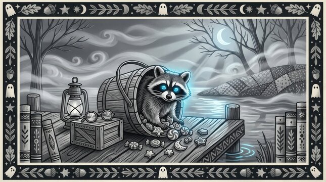 Black and white illustration of cute raccoon sitting in wooden barrel on dock with treats and glowing blue eyes at night.