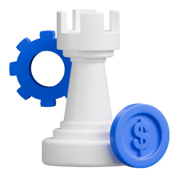 3D Business Strategy Icon with Chess Rook Gear and Dollar Coin