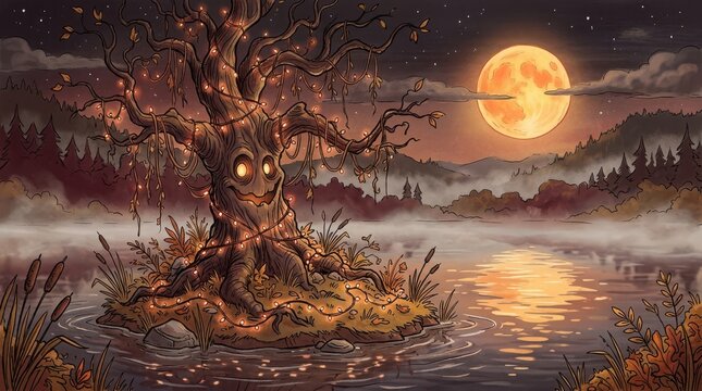 Spooky haunted tree with glowing eyes and fairy lights standing on small island in misty lake under bright harvest moon.