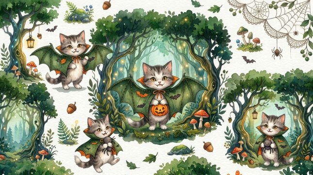 Pattern of cute kittens wearing bat costumes and capes with pumpkins in enchanted autumn forest with cobwebs and bugs.
