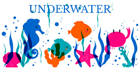 Underwater tropical fish life horizontal border. Fluorescent and halftone bright colors of seahorse and crab. Silhouettes of ocean creatures among seaweeds and water bubbles. © Marina Smith