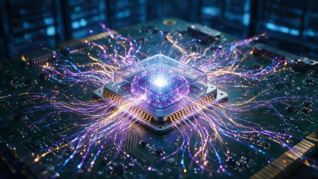 Close-up of advanced quantum computer CPU on motherboard emitting purple data energy waves, AI cloud computing technology asset, generative AI