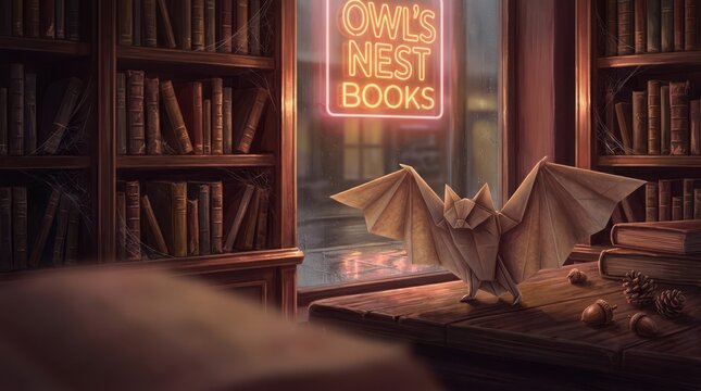 Origami bat perched on a rustic wooden table inside a cozy bookstore with towering shelves filled with vintage books.