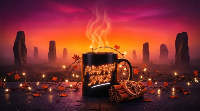 Black ceramic mug filled with steaming pumpkin spice beverage surrounded by fairy lights and cinnamon sticks at sunset.