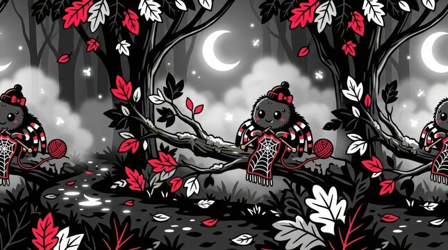 Cute cartoon spider knitting red scarf sitting on tree branch in autumn forest under moonlit night with colorful leaves.
