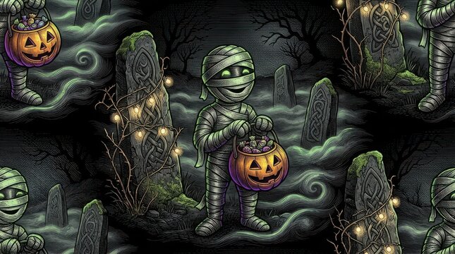 Small mummy holding carved pumpkin trick or treat bucket standing in misty graveyard with ancient celtic stone monoliths.