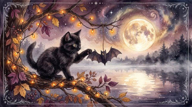 Fluffy black cat sitting on tree branch holding bat ornament under full moon in misty autumn landscape with fairy lights.