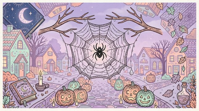 Enchanted halloween town street scene with magic spell book spider web and glowing jack o lantern pumpkins at night time.