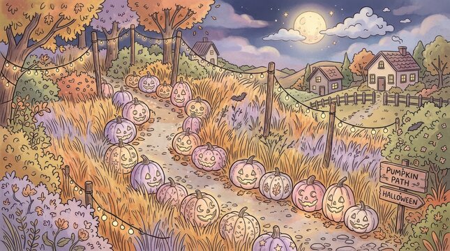 Winding pumpkin path leading to cozy cottage house under bright moon with autumn foliage and hanging string light decorations.