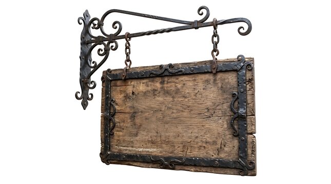 Antique Wooden Signboard Hanging from Ornate Metal Bracket
