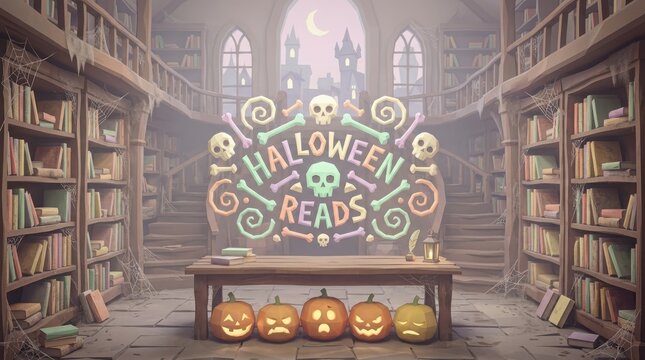 Spooky library interior background with halloween reads sign and carved pumpkin decorations on rustic wooden table desk.
