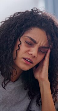Woman, headache and sick in house with pain, discomfort or health condition with chronic sinus. Female person, agony or illness with migraine, tension or pressure with burnout, dizziness or vertigo