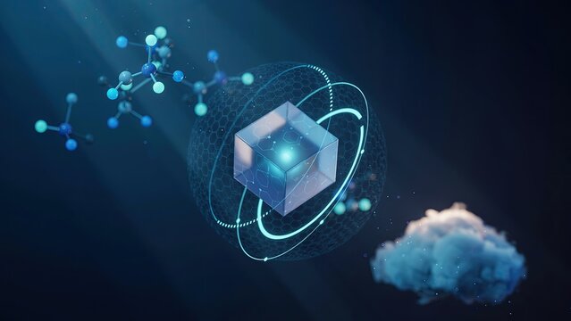 Molecular structure hovers near a glowing cube that is spinning within rotating rings of light and particles.