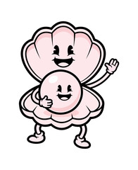 Obraz premium Cheerful Anthropomorphic Pearl and Clam Mascot Character Illustration Isolated on White