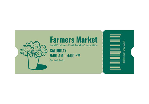 Farmers Market Ticket Template with Broccoli Vegetable Illustration