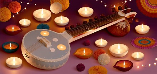 Obraz premium Elegant veena instrument with festive Diwali lamps and vibrant decorations celebrating music and tradition.