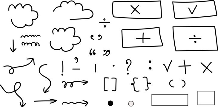 Set of hand drawn doodle elements including arrows clouds mathematical symbols and various punctuation marks on white background