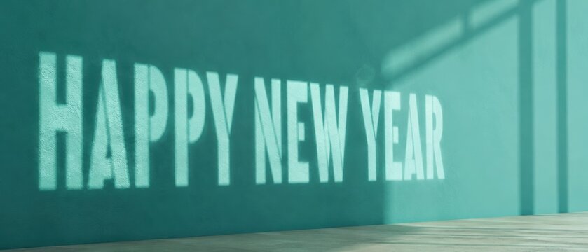 Happy New Year text projected by sunlight onto a textured teal wall in a minimalist empty room with window shadows