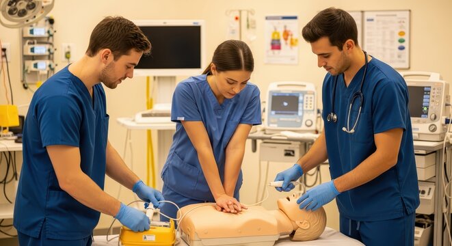 Medical students practicing CPR on a dummy in a simulated emergency room setting with advanced equipment.