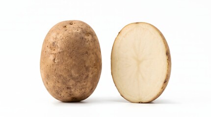 Fototapeta premium Whole raw potato standing beside cross-section revealing pale creamy flesh. Fresh ingredient concept