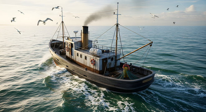 Old fishing trawler sailing on calm ocean