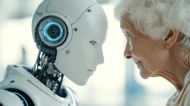 An elderly woman and a humanoid robot stand face to face, sharing an intense moment of connection. The scene explores the intersection of advanced technology and human emotion