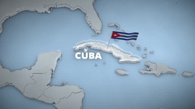 3D map animation of Cuba, Caribbean, featuring a waving national flag, glowing border highlight, and floating typography, perfect for a horizontal documentary broadcast opener.
