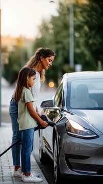 Young woman and girl charging an electric car outdoors in a modern urban setting. Sustainable transportation concept with family involvement and eco friendly technology