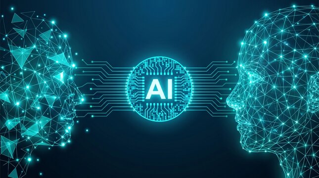Digital human silhouettes connected by a central AI processor representing artificial intelligence and neural networks