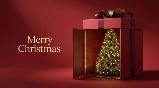 Creative Christmas tree in a gift box with festive decorations