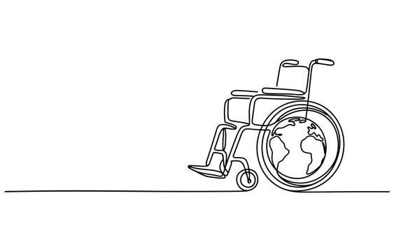 Continuous single line drawing of a wheelchair with a globe inside the wheel representing global accessibility and inclusion for people with disabilities Vector, illustration