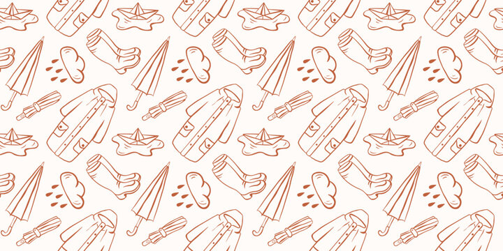 Seamless autumn pattern with rain cloud umbrella raincoat boot paper boat doodle sketch. Weather season theme. Line art style. illustration for fabric wrap wallpaper print.