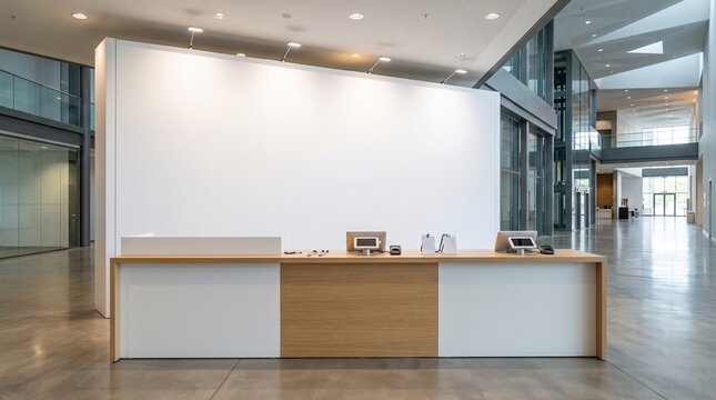 Modern office reception desk with blank wall. Empty lobby counter for corporate branding.
