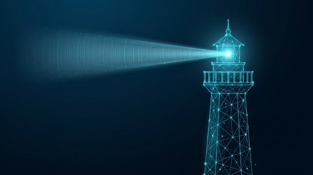 Digital wireframe lighthouse glowing in the dark with a bright directional beam shining across the sea