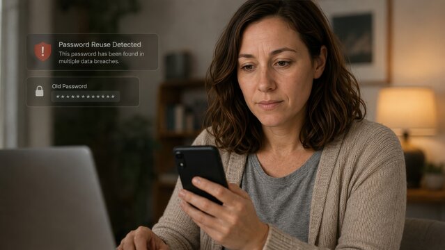 Concerned individual receives alert about password reuse while using smartphone, highlighting the importance of cybersecurity and data protection in everyday life.