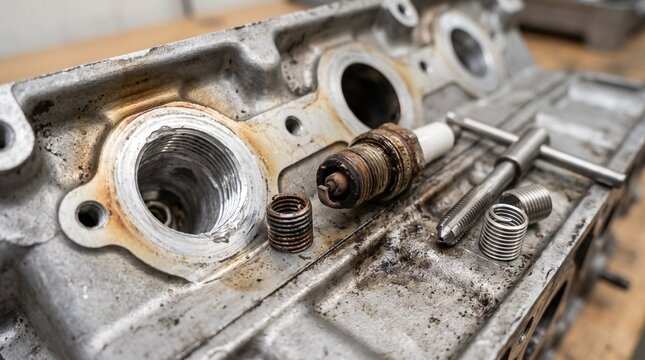 Spark plug thread repair kit with tap tool and thread inserts lying on a damaged aluminum cylinder head. Displaying automotive engine restoration and professional mechanical fixing.