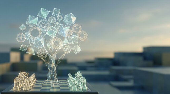 Abstract Digital AI Chess Game Strategy Concept Wireframe Tree with Geometric Shapes Render