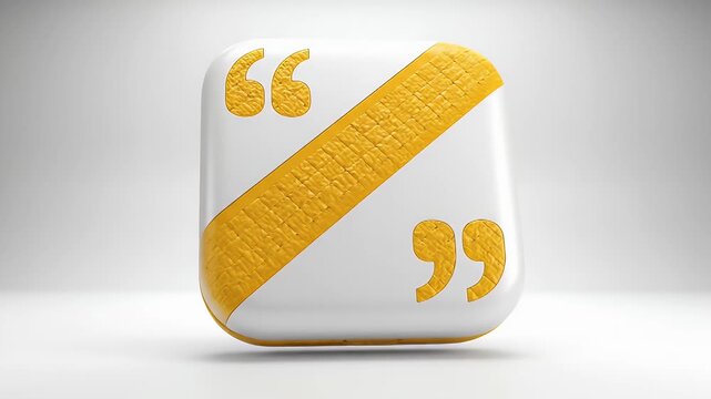 White glossy rounded square badge resting on a soft stage featuring a bold diagonal yellow stripe and quotation marks