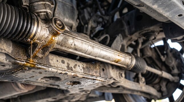 Car steering rack leak and fluid dripping from damaged rubber boot under vehicle chassis. Professional automotive mechanic inspection and repair concept for garage workshop services.