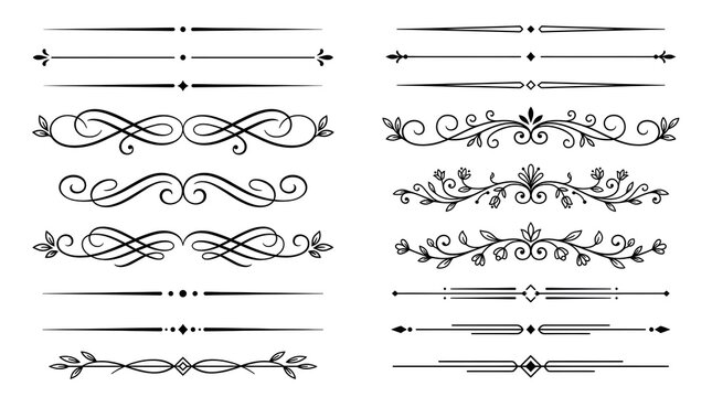 Decorative floral dividers and elegant section breaks for design layouts. Ornate vintage vector borders for invitations, cards, and documents.