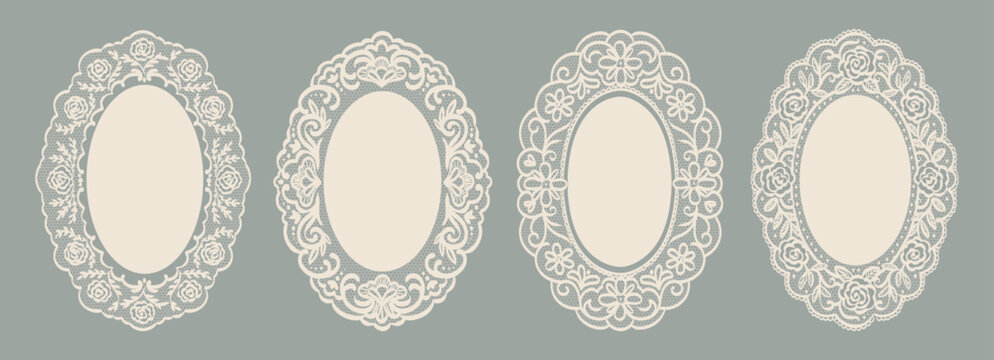 Lace doily frame set with rose floral shapes. Oval whimsical paper lace in crochet style with decorative borders. Vector whimsy botanical silhouettes, squiggle shapes for scrapbooking, wedding collage