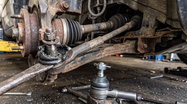 Car suspension repair showing worn out tie rod ball joint replacement part next to old damaged assembly in workshop. Professional mechanic auto maintenance service concept.