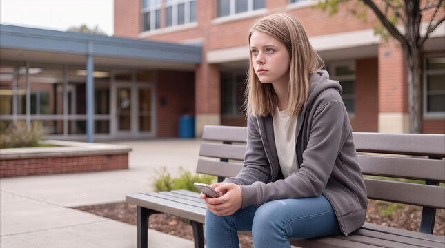 Adolescent girl sitting alone on wooden bench in front of brick school building. She holds smartphone with pensive expression, looking into distance. Mental health and social isolation concept.